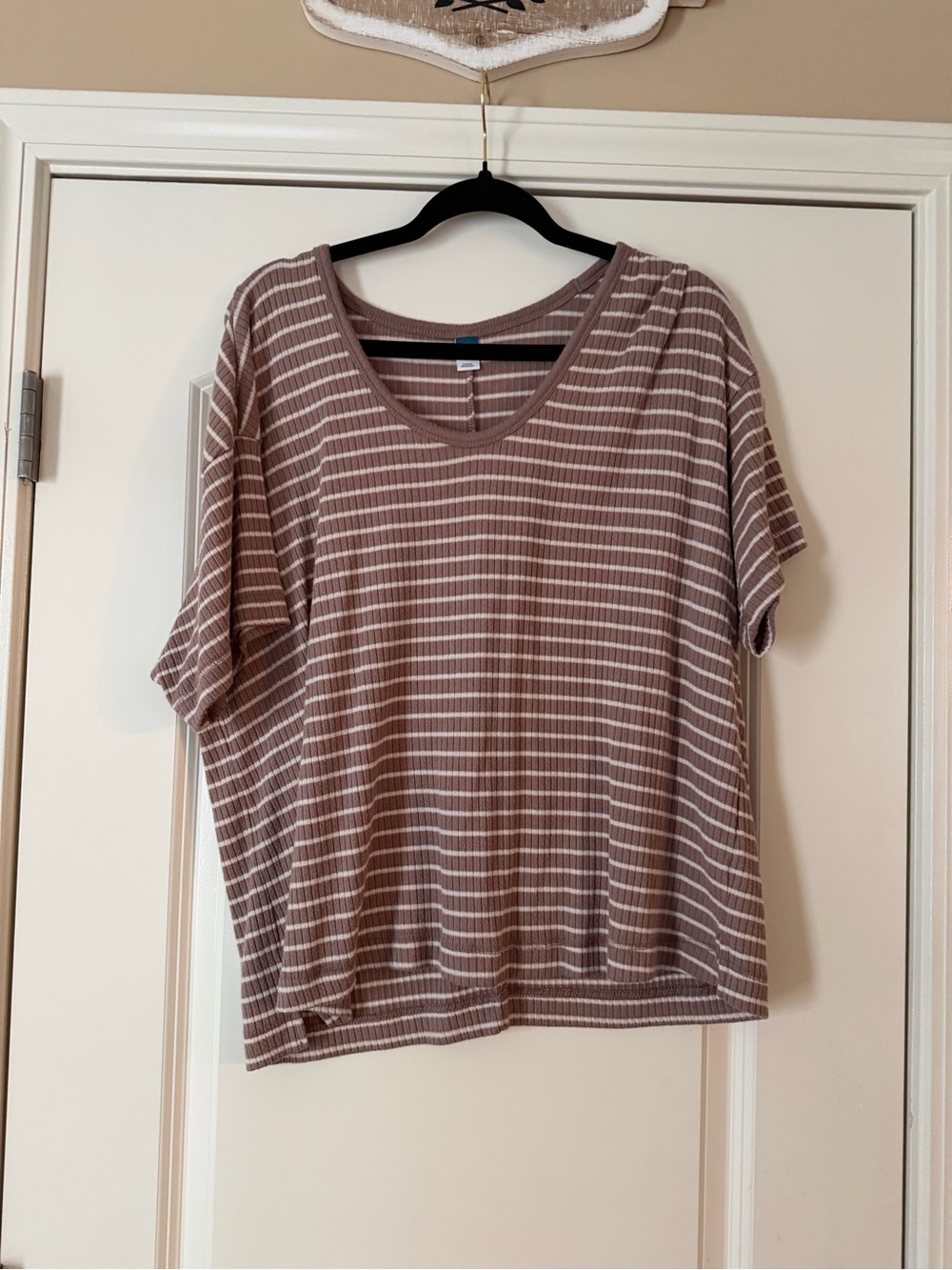 Old Navy Taupe and White Striped Short-Sleeve V-Neck Top